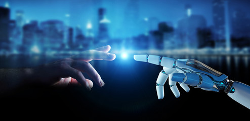 Fototapete - White cyborg finger about to touch human finger 3D rendering