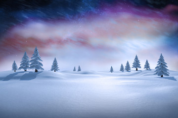 white snowy landscape with fir trees against aurora night sky in purple