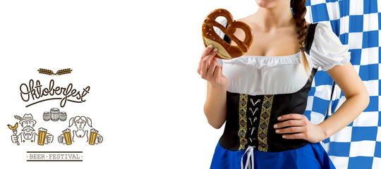 Pretty oktoberfest girl holding pretzel against oktoberfest graphics