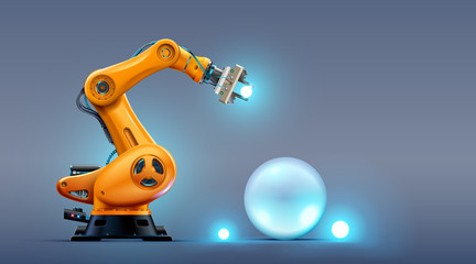 Aufkleber - Robot arm on the factory. Automation technology of the industry. 3d hydraulic manipulator on manufacturing production line. Futuristic concept background.
