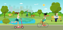 Vector Summertime Flat Illustration. People In The Park.