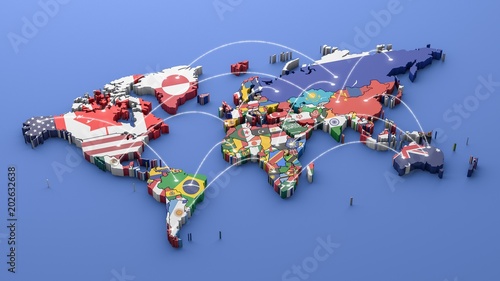Cuadros en Lienzo World map with all states and their flags,3d render