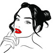 Cute girl with double hair buns and long silky hair.Close up look , closed eye with long eyelashes and full shaped eyebrows, perfect  red lips shape.Hand-drawn idea for business visit card 