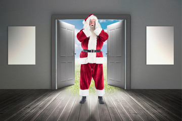 Wall Mural - Santa is shocked to camera against open doors leading to sunny landscape