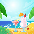Tropical summer beach, alcohol beverages on sand. Vector bar illustration. Pina colada and cosmopolitan cocktails