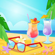 Tropical summer beach, alcohol beverages and red sunglasses on sand. Vector bar illustration.