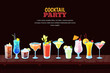 Cocktails party concept. Night bar background with alcohol cocktails on wooden bar counter. Vector illustration