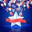 4 of July USA Independence Day. Holiday vector background. Star with red ribbon, fireworks and air balloons illustration