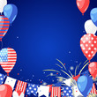4 of July USA Independence Day. Holiday frame with place for text. Vector background with fireworks, flags, air balloons