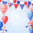4 of July USA Independence Day. Abstract holiday frame. Vector white background with fireworks, flags and air balloons.