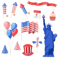 Wall Mural - USA national symbols. Vector isolated design elements for USA Independence Day. 4 of July celebration icons