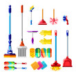 Household cleaning tools and supplies. Vector illustration of multicolor mop, brush, sponge, broom.