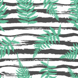 Fototapeta Łazienka - Horizontal striped vector seamless pattern with fern leaves. Different black hand drawn brush stripes and lines. Tropical style decoration.