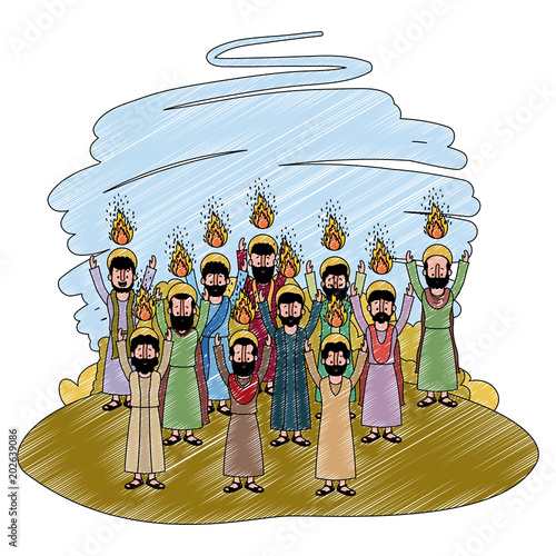 Fotografía apostles group pentecost in the camp vector illustration design