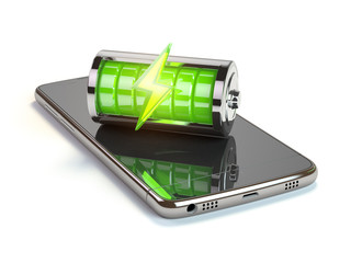 Leinwandbilder - Smartphone charging  application concept. Mobile phone and green battery charge indicator. 3d