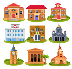 Collection of Important buildings of the city like town hall, hospital, police, school, museum, theater, church   on a white background