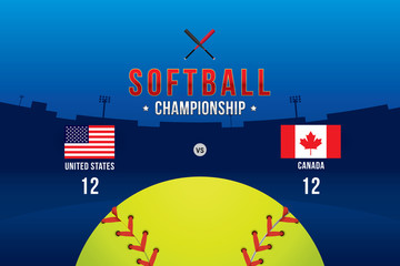 Vector of softball championship with team competition and scoreboard.