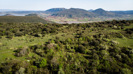 Wall Mural - vue aérienne sur des collines verdoyantes du Languedoc avec un lac et des montagnes en fond