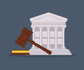 court building symbol and gavel over blue background, colorful design. vector illustration