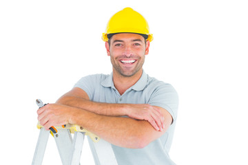 Poster - Happy repairman with pliers on ladder