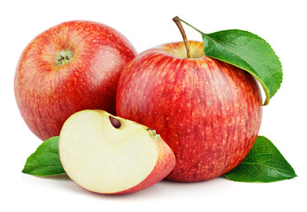 Sticker - Ripe red apple fruits with apple slice and apple green leaves isolated on white background. Red apples and leaves with clipping path
