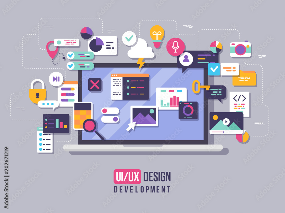 The process of developing interface for laptop. Flat design template ...