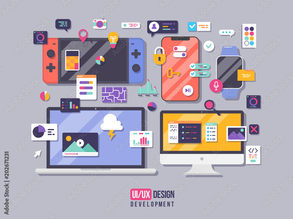 The process of developing interface for digital gadgets. Flat design ...