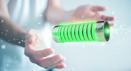 Poster - Businessman using green battery with lightnings 3D rendering