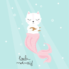 Wall Mural - Cute cat mermaid with golden fish. Childish print. Vector hand drawn illustration.