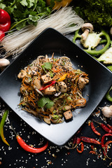 Wall Mural - homemade traditional asian meal. noodle vegetable fried tofu salad. food ingredients