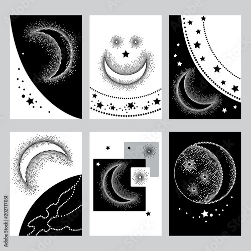 Vector Set Of Card With Dotted Half Moon And Star Astronomy