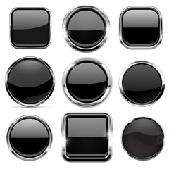 Wall Mural - glass 3d buttons set. black round and square icons with chrome frame