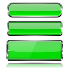 Green glass 3d buttons with chrome frame. Oval and rectangle icons