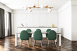 White dining room and kitchen, green chairs