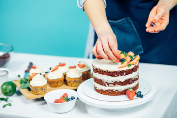 Wall Mural - Closeup of woman hands decorating cake with blueberries in kitchen