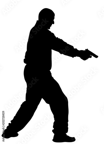 Man with gun shooting vector silhouette illustration.Hunter with pistol ...