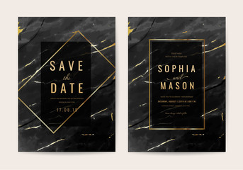 Wedding Invitation cards with black marble texture and gold line vector