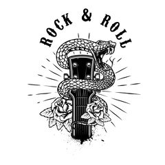 Wall Mural - Rock and roll .Guitar head with snake and roses. Design element for poster, card, banner, emblem, t shirt.