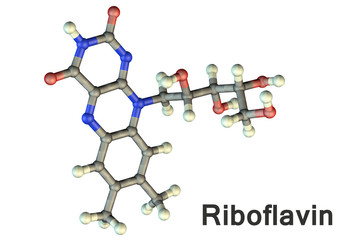 Molecular model of riboflavin, vitamin B2, 3D illustration. A water-soluble vitamin, has important function in maintaining human health