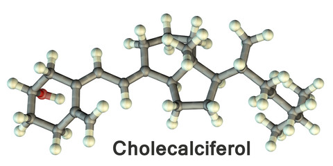 Molecular model of vitamin D3, cholecalciferol, 3D illustration. A water-soluble vitamin, a steroid hormone, it maintains blood calcium and phosphorus levels, and also mineralization of bone