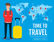 Young traveler man standing with travel bag and map traveling. Summer vacation and adventure travel. Cartoon style. Vector illustration.