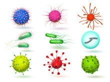 Microscopic 3d Epidemic Virus, Bacillus Bacteria And Parasite. Biology Of Illness And Viruses, Microbiology Vector Illustration Isolated