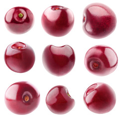 Poster - Isolated sweet cherries. Collection of nine cherry fruits without stems isolated on white background with clipping path