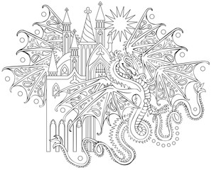Wall Mural - black and white page for coloring. fantasy drawing of flying dragon. worksheet for children and adul