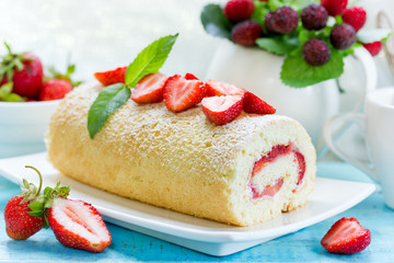 Wall Mural - Homemade biscuit roll stuffed with strawberries