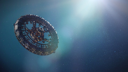 Wall Mural - space station with gravitational wheel in outer space, orbital station with blue background (3d scie