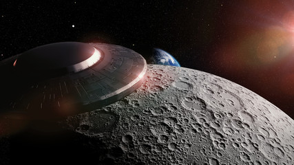 Wall Mural - ufo, alien spaceship approaching planet earth, flying saucer in moon orbit