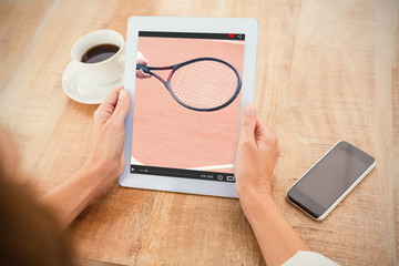 Poster - View of lecture app against woman using tablet computer at table