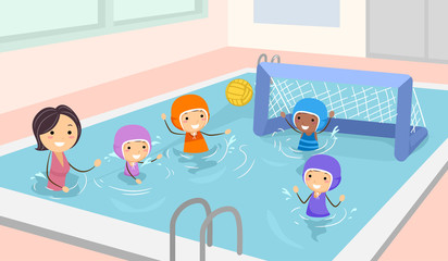 Sticker - Stickman Kids Girls Water Polo Illustration