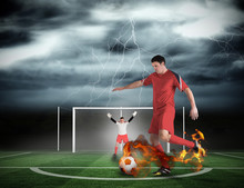 Composite Image Of Football Player About To Take A Penalty Against Football Pitch Under Stormy Sky